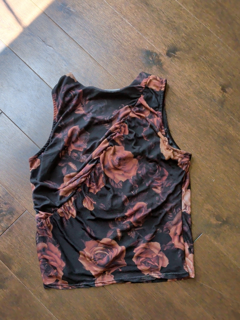 Floral Sleeveless Ruched Tank Top -‎ Black with Rust Roses